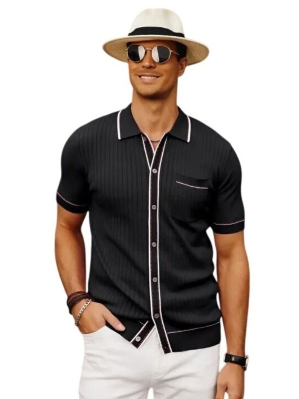 PJ Paul Jones Men's Polo Top M Black Knit Short Sleeve Button Down Travel Outfit